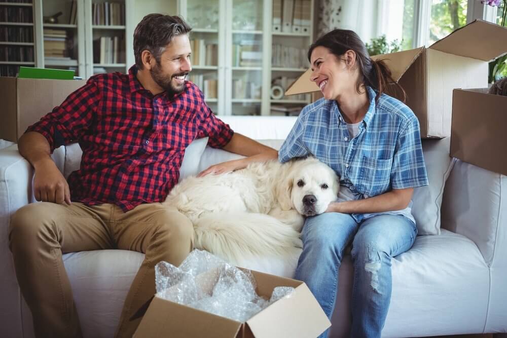 Couple sitting on sofa with their pet dog in their new house.jpeg